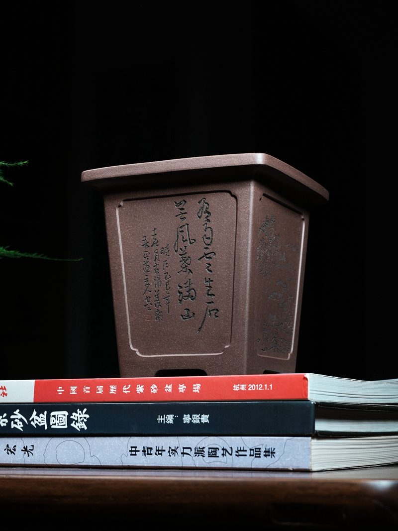 凹开窗宽口四方签筒紫砂兰花盆 实拍角度2