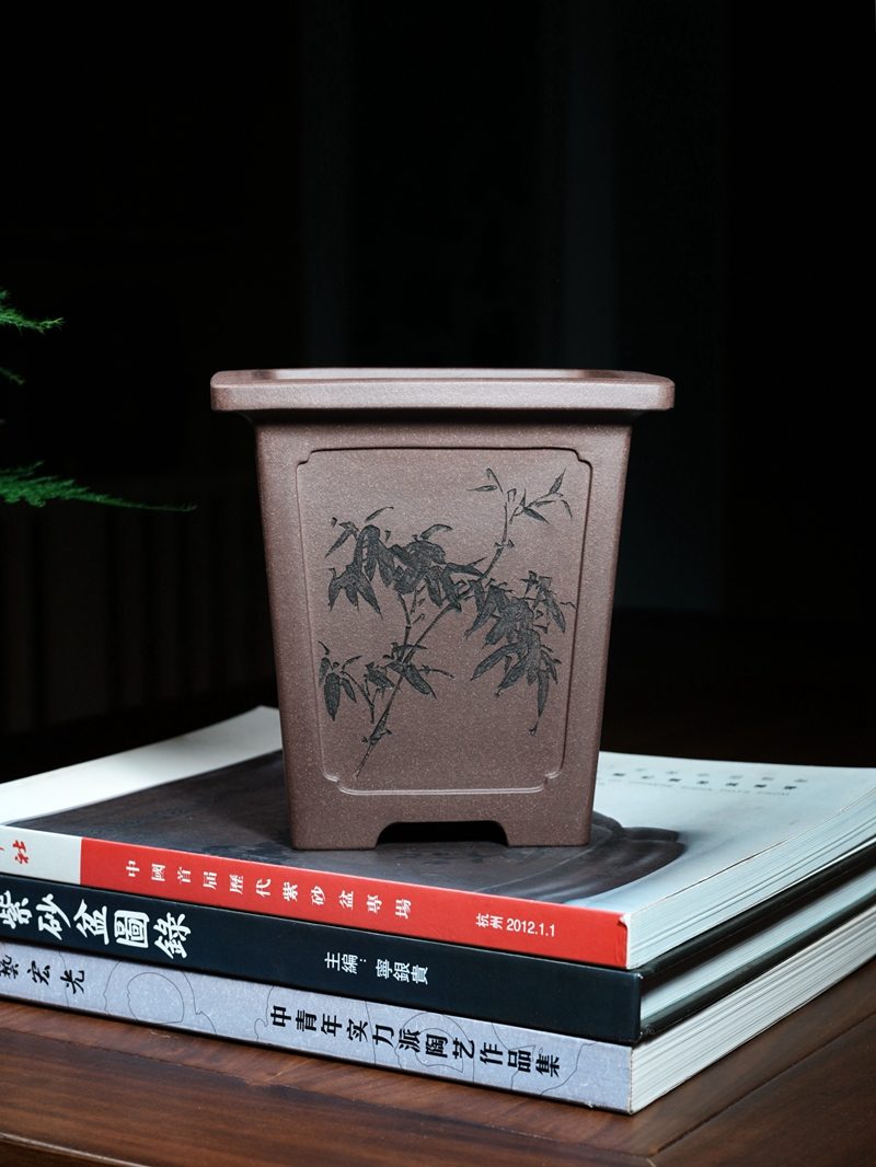 凹开窗宽口四方签筒紫砂兰花盆 实拍角度3