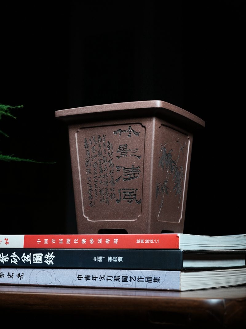 凹开窗宽口四方签筒紫砂兰花盆 实拍角度4