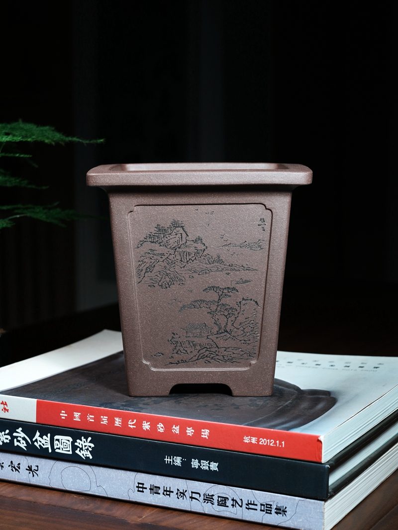 凹开窗宽口四方签筒盆