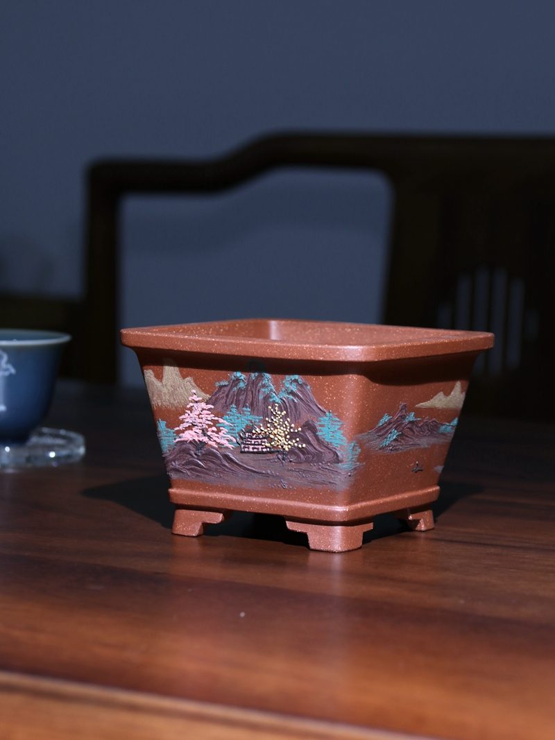 宜兴紫砂泥绘四方盆景盆 冯长见作 山水泥绘